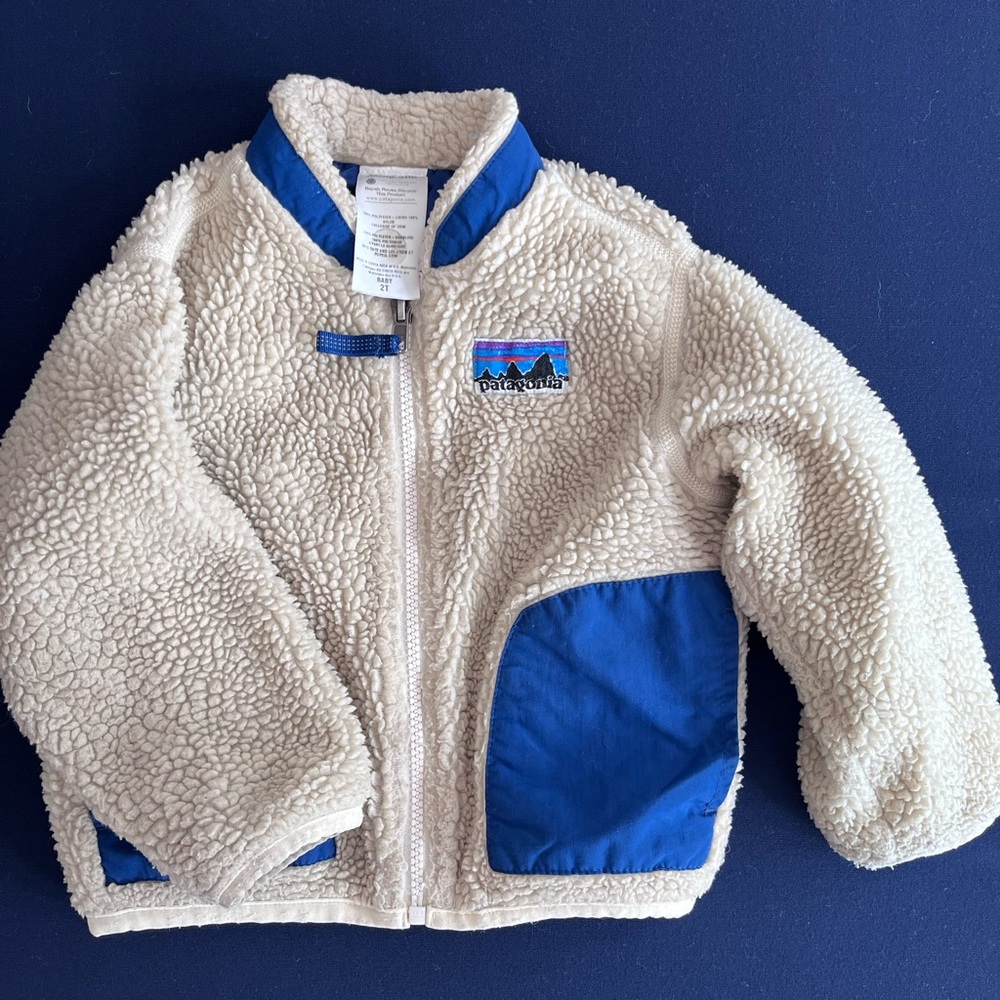 Patagonia Kids Cream Sherpa Fleece Jacket with Blue Accents